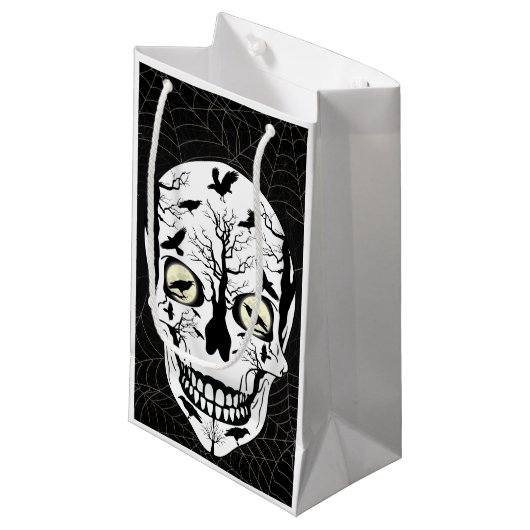Black Raven Skeleton Skull Gift Bag Klein Cadeauzakje (Voorkant Gekanteld)