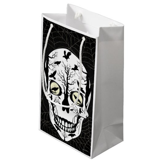 Black Raven Skeleton Skull Gift Bag Klein Cadeauzakje (Achterkant Gekanteld)