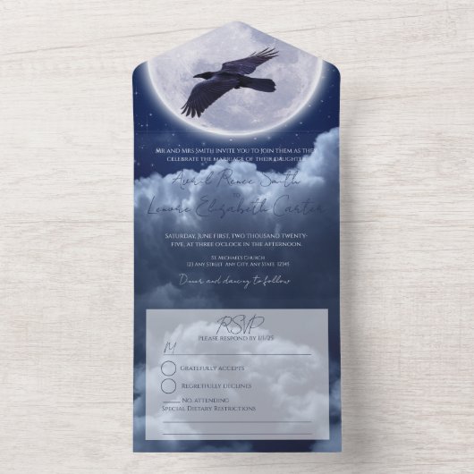 Black Raven Volle Maan Nacht Hemel All In One Uitnodiging (Binnen)