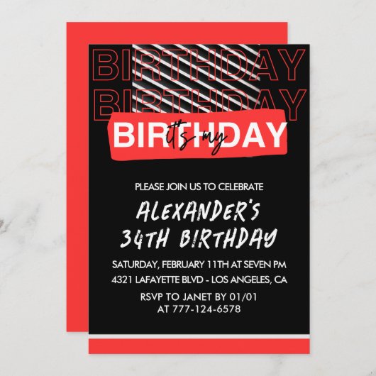Black Red 34e verjaardag Uitnodigingen Mannen (Voorkant / Achterkant)