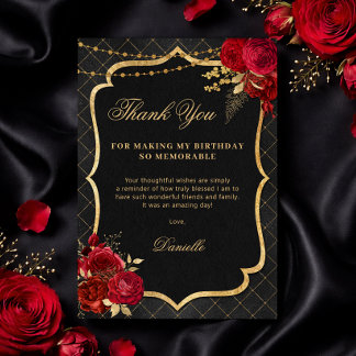 Black, Red and Gold Flat Birthday Thank You Card Bedankkaart