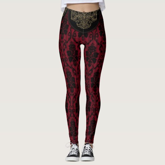 Black Red Antiek Damask-stijl Leggings (Voorkant)