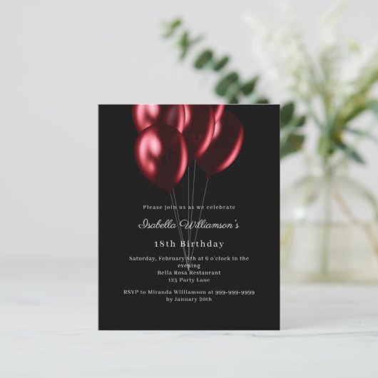 Black red balloons birthday invitation (Staand voorkant)