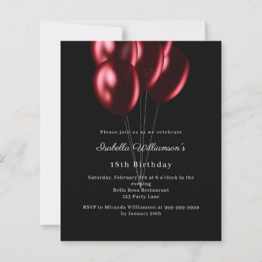Black red balloons birthday invitation (Voorkant)