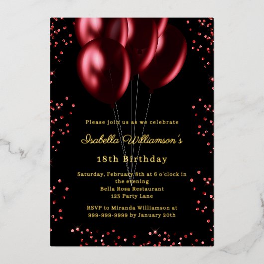 Black red balloons luxury birthday gold folie uitnodiging (Voorkant)