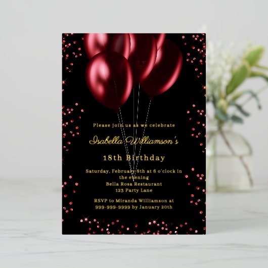 Black red balloons luxury birthday gold folie uitnodiging (Staand Voorkant)