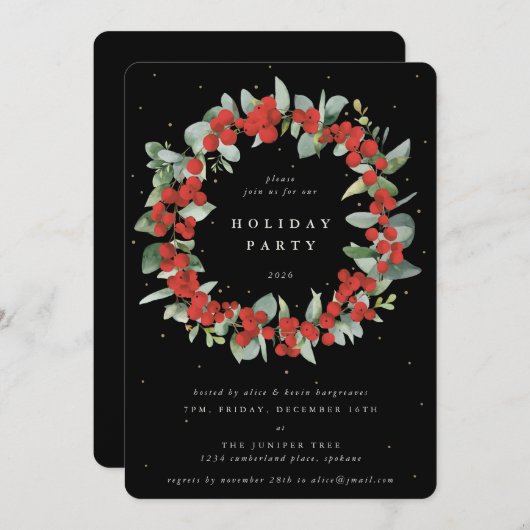 Black Red Berries + Eucalyptus krans feestdag Kaart (Voorkant / Achterkant)