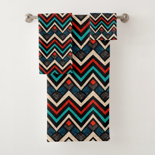 Black Red Blauwgroen Beige Aztec Pattern Bad Handdoek (Insitu)