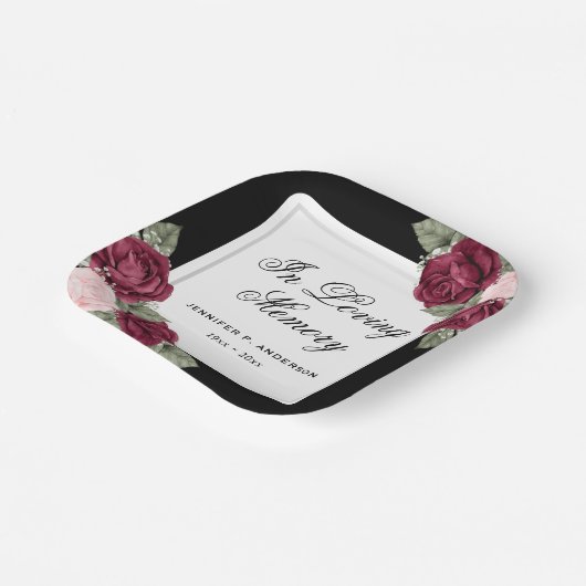 Black Red Blush Pink Floral Memorial Funeral Papieren Bordje (Gebogen)