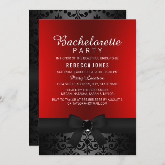Black & Red Bow Bachelorette Party Uitnodigen Kaart (Voorkant / Achterkant)