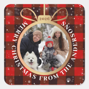 Black & Red Buffalo met kerstsierfoto Vierkante Sticker
