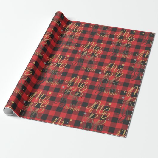 Black Red Buffalo Pset Rustic Merry en Bright Cadeaupapier (Uitgerold)