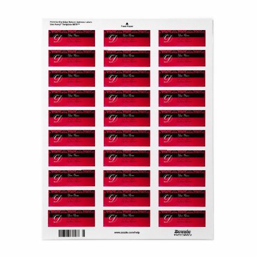 BLACK RED BURGUNDY DAMASK MONOGRAM ETIKET (Full Sheet)