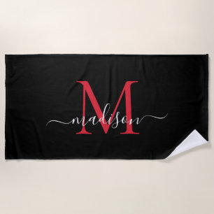 Black Red Burgundy Monogram Feminine Girly Script Strandlaken