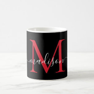 Black Red Burgundy Monogram Girly Script Stylish Koffiemok