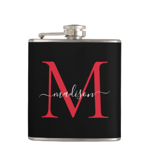 Black Red Burgundy Monogram Stijlvolle scriptnaam Heupfles