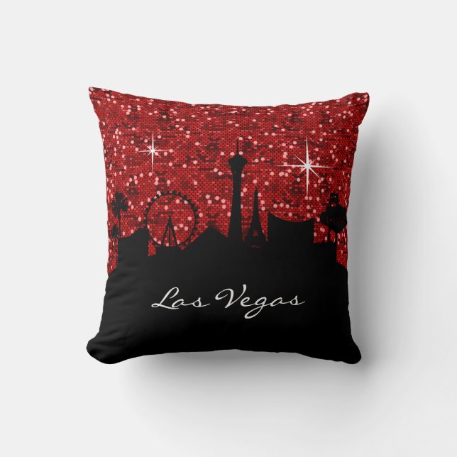 Black & Red Confetti Glitter Las Vegas Skyline Kussen (Voorkant)