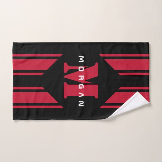 Black Red Custom Monogram Racer Stripe Bad Handdoek (Handdoek)