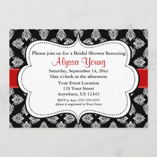 Black Red Damask Bridal of Baby shower Invite Kaart