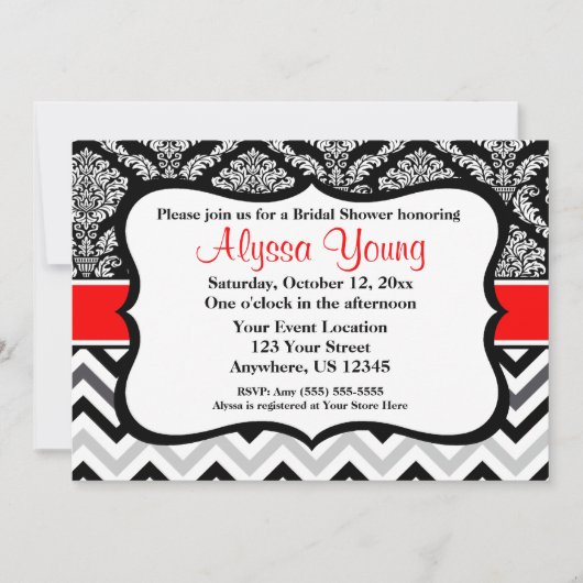Black Red Damask Chevron Invitation Kaart (Voorkant)