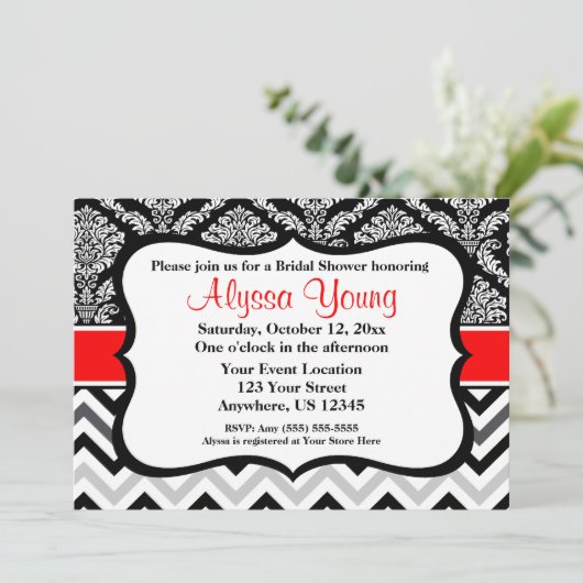 Black Red Damask Chevron Invitation Kaart (Staand voorkant)