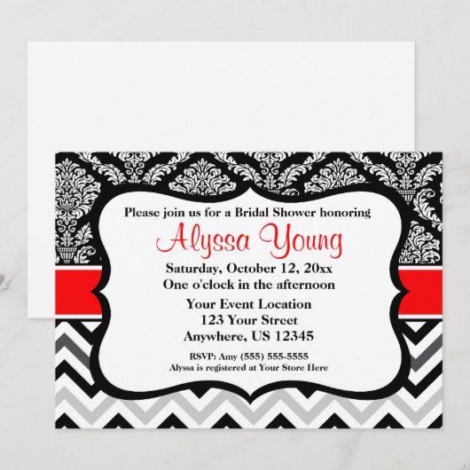 Black Red Damask Chevron Invitation Kaart (Voorkant / Achterkant)