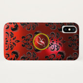 BLACK RED DAMASK RUBY GEMSTONE MONOGRAM Case-Mate iPhone CASE (Achterkant (horizontaal))
