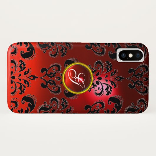 BLACK RED DAMASK RUBY GEMSTONE MONOGRAM Case-Mate iPhone CASE (Achterkant (horizontaal))