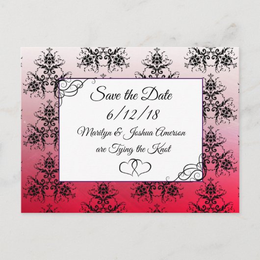 Black Red Damask Wedding Save the Date Briefkaart (Voorkant)