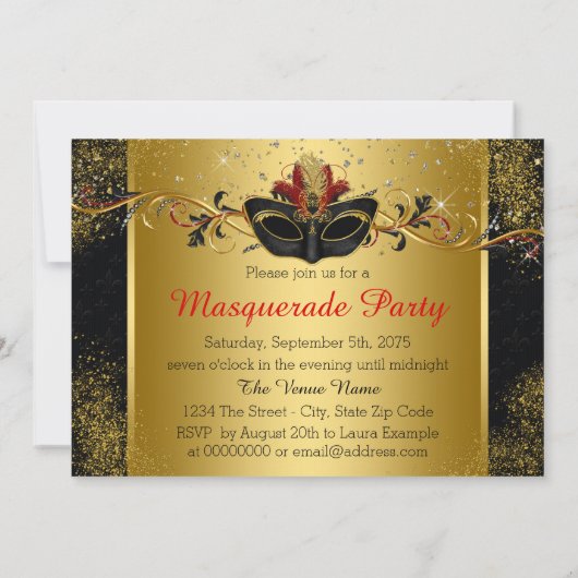 Black Red en Gold Masquerade Party Kaart (Achterkant)
