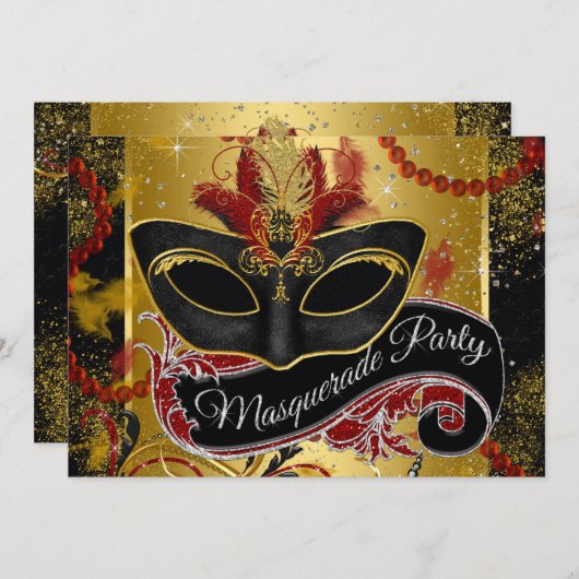 Black Red en Gold Masquerade Party Kaart (Voorkant / Achterkant)