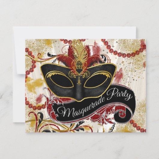 Black Red en Gold Masquerade Party Kaart (Voorkant)