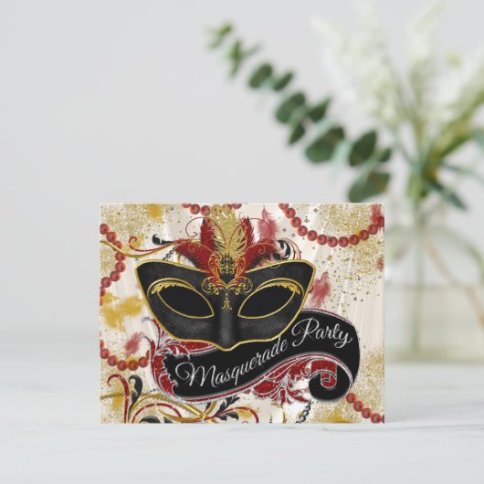 Black Red en Gold Masquerade Party Kaart (Staand voorkant)
