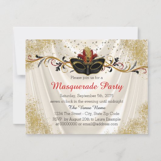 Black Red en Gold Masquerade Party Kaart (Achterkant)