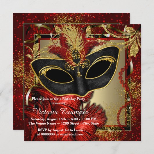 Black Red en Gold Masquerade Party Kaart (Voorkant / Achterkant)