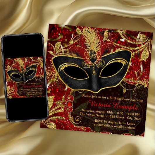 Black Red en Gold Masquerade Party Kaart