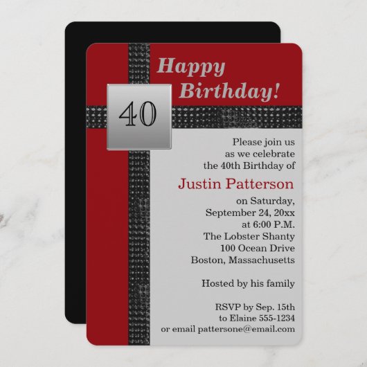 Black, Red en Grey 40th Birthday Invitation Kaart (Voorkant / Achterkant)