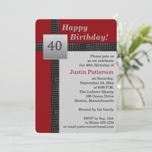 Black, Red en Grey 40th Birthday Invitation Kaart (Staand voorkant)
