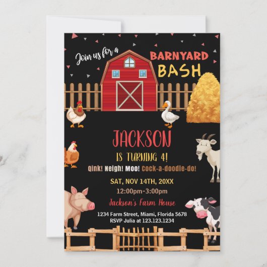 Black Red Farm Dieren Verjaardag Uitnodigingen (Voorkant)