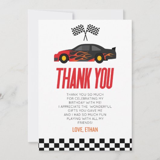Black Red Flame Racecar Race Auto Verjaardagsfeest Bedankkaart (Voorkant)