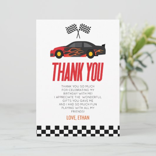 Black Red Flame Racecar Race Auto Verjaardagsfeest Bedankkaart (Staand voorkant)