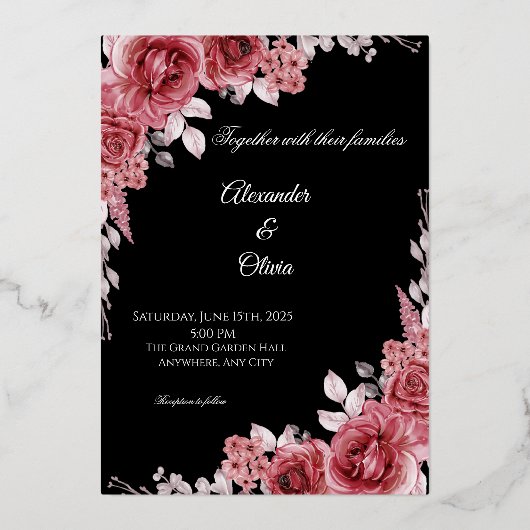 Black & Red Floral Wedding Invitation | Elegant Ro Folie Uitnodiging (Voorkant)