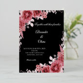 Black & Red Floral Wedding Invitation | Elegant Ro Folie Uitnodiging (Staand Voorkant)