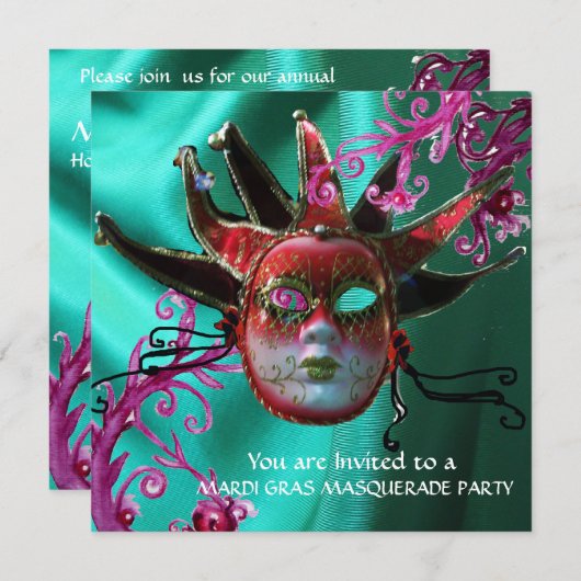 BLACK RED FUCHSIA JESTER MASK Masquerade Ball Kaart (Voorkant / Achterkant)