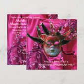 BLACK RED FUCHSIA JESTER MASK, Masquerade Ball Kaart (Voorkant / Achterkant)