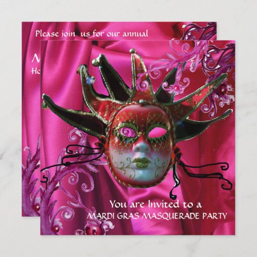 BLACK RED FUCHSIA JESTER MASK, Masquerade Ball Kaart (Voorkant / Achterkant)