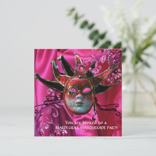 BLACK RED FUCHSIA JESTER MASK, Masquerade Ball Kaart (Staand voorkant)