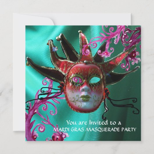 BLACK RED FUCHSIA JESTER MASK, Masquerade Party Kaart (Voorkant)