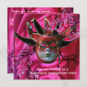 BLACK RED FUCHSIA JESTER MASK, Masquerade Party Kaart (Voorkant / Achterkant)