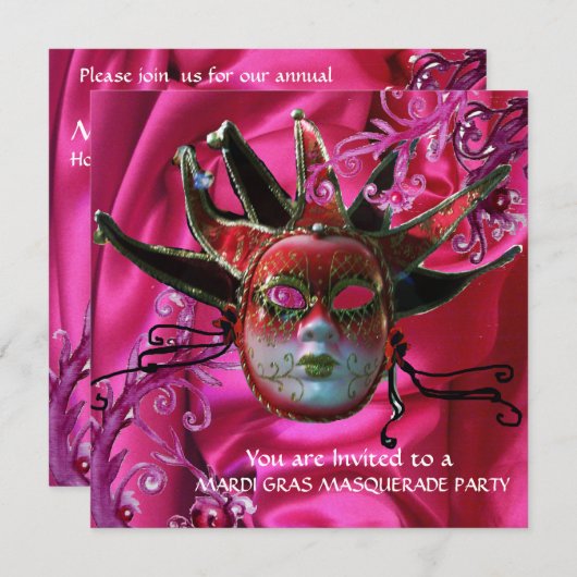BLACK RED FUCHSIA JESTER MASK, Masquerade Party Kaart (Voorkant / Achterkant)